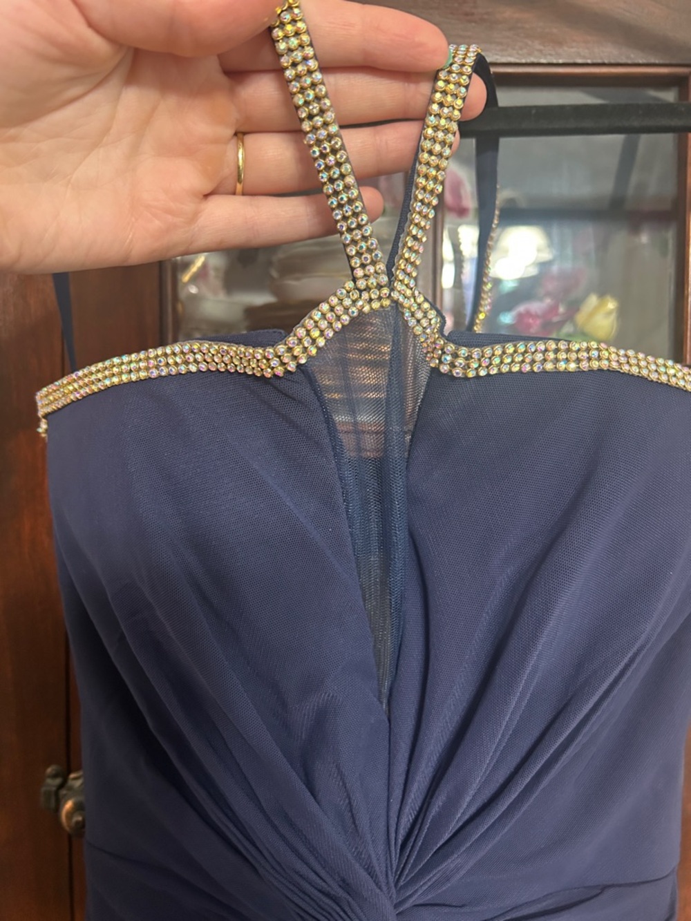 Navy Maxi Evening Dress with Crystal-Trim Straps - Picture 6 of 10